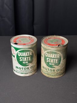 Vintage 1980s Quaker State SAE 40 HD Motor Oil Cans Pair