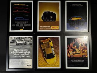 Vintage Framed Lamborghini Pirelli Magazine Print Ads Set of 6